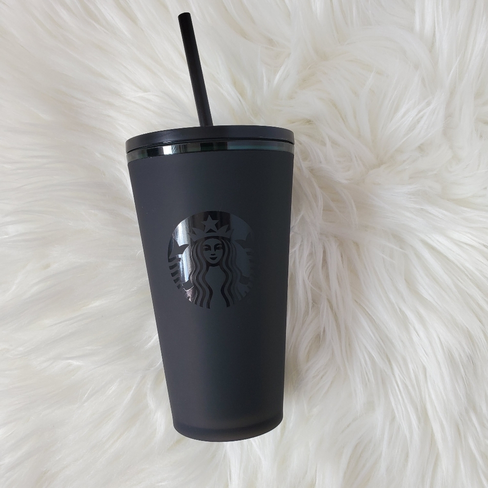 Starbucks Matte 16 Oz Black Tumbler with Black Straw NEW